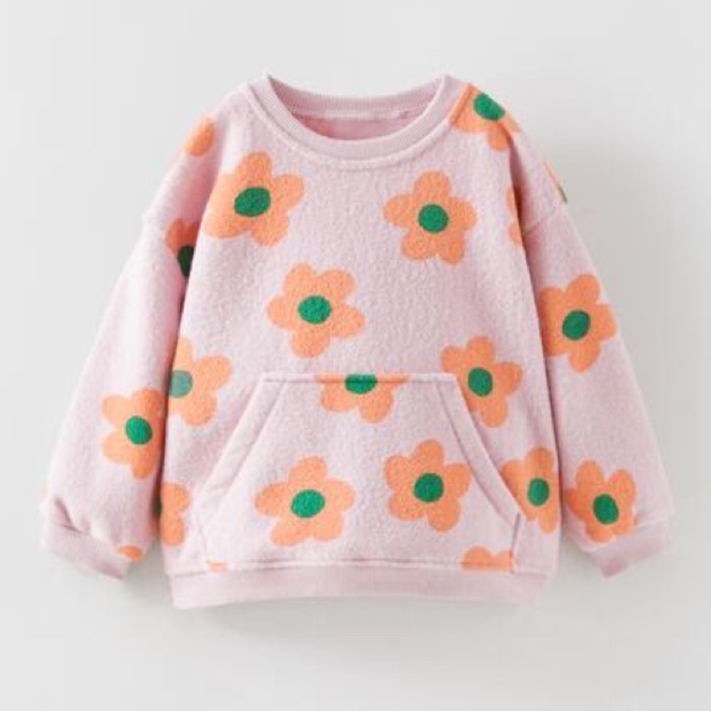 ZARA Kids 3-4Y Terry Kangaroo Sweatshirt with block floral print
